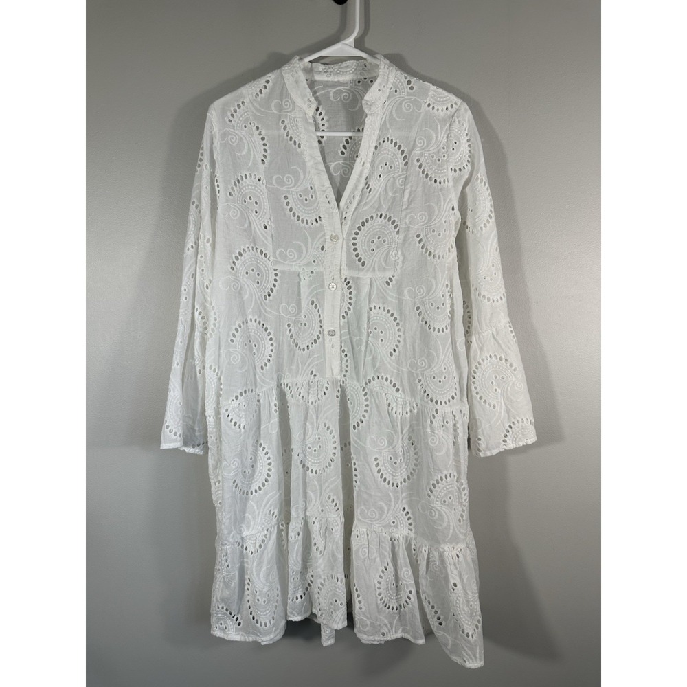 White Eyelet Shirt Dress Womens Small Lightweight Boho Cottage Beach Coastal